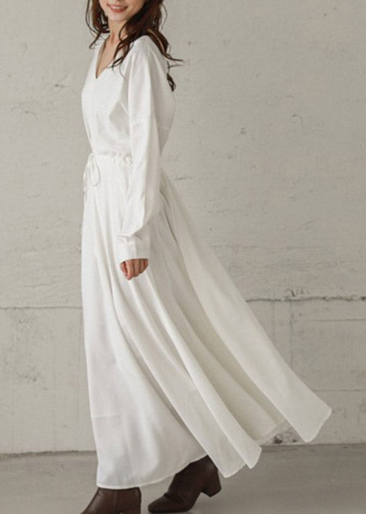 White Tie Waist Cotton Long Dresses Long Sleeve