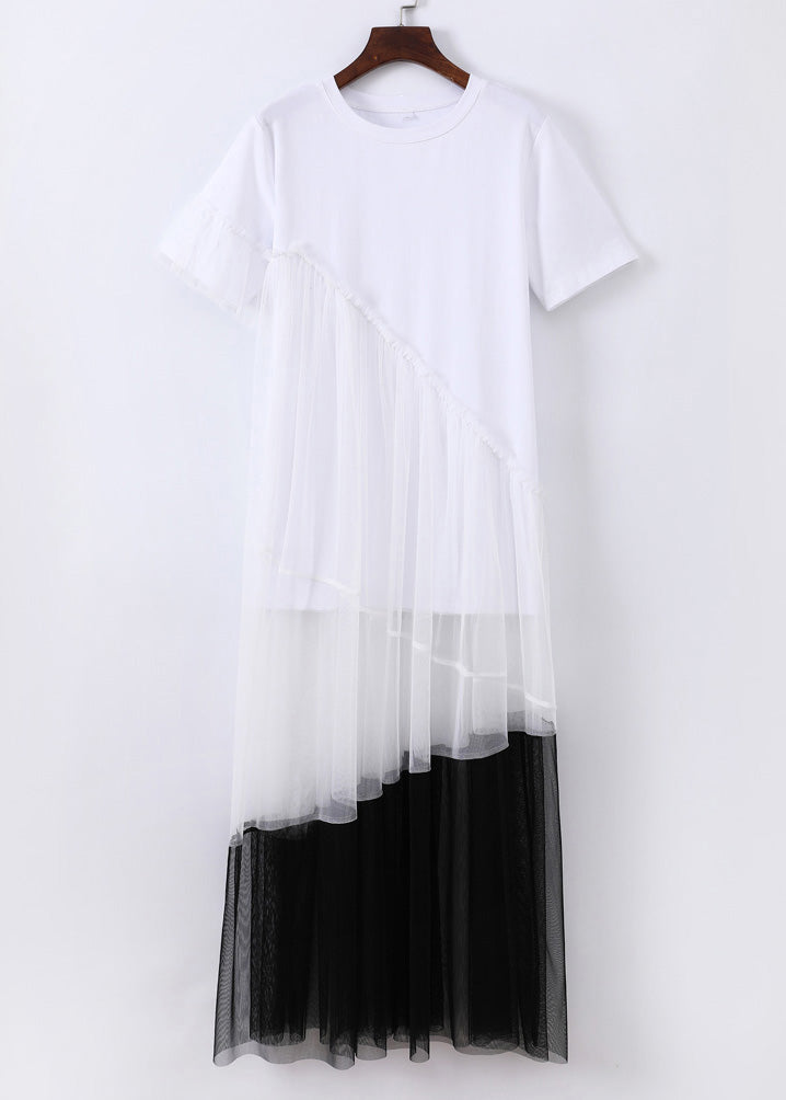 White Tulle Patchwork Cotton Holiday Dress Asymmetrical Design Short Sleeve