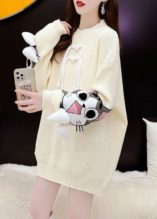 White Warm Knit Long Sweater Tassel Jacquard Winter