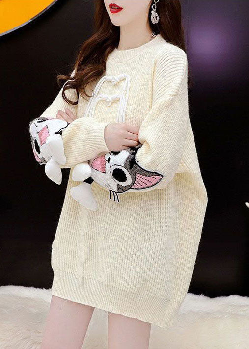 White Warm Knit Long Sweater Tassel Jacquard Winter