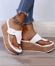 White Wedge Heels Boho Splicing Flip Flops Slide Sandals