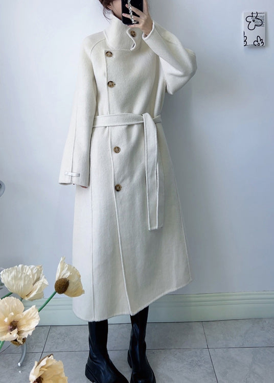 White Woolen Coats Fashion Stand Collar Tie Waist Winter