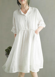 White Wrinkled Button Solid Ramie Mid Dress Half Sleeve