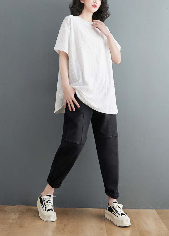 White Wrinkled Cotton T Shirt O Neck Side Open Summer