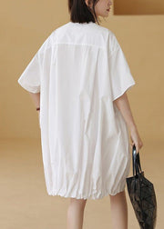 White Wrinkled Pockets Cotton Blouses Mid Dress V Neck Summer