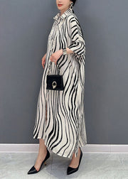 White Zebra Pattern Maxi Dress Oversized Turn-down Collar Summer