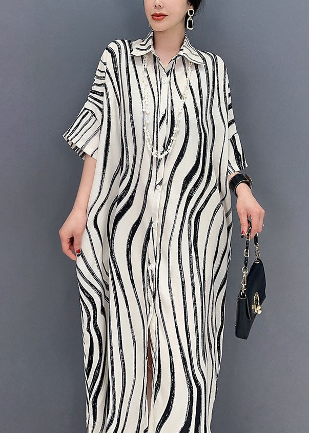 White Zebra Pattern Maxi Dress Oversized Turn-down Collar Summer