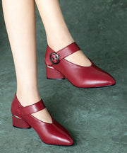 Wine Red Buckle Strap Splicing Chunky Heel Faux Leather Pointed Toe