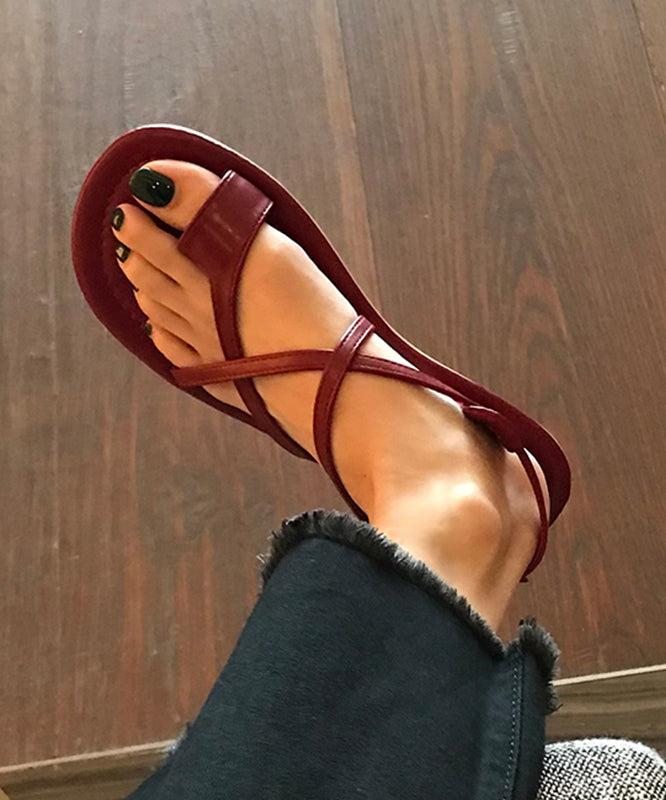 Wine Red Faux Leather Splicing Hollow Out Thong Sandals