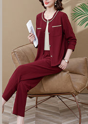 Wine Red O-Neck Butto Cardigans And Wide Leg Pants Two Pieces Set Long Sleeve