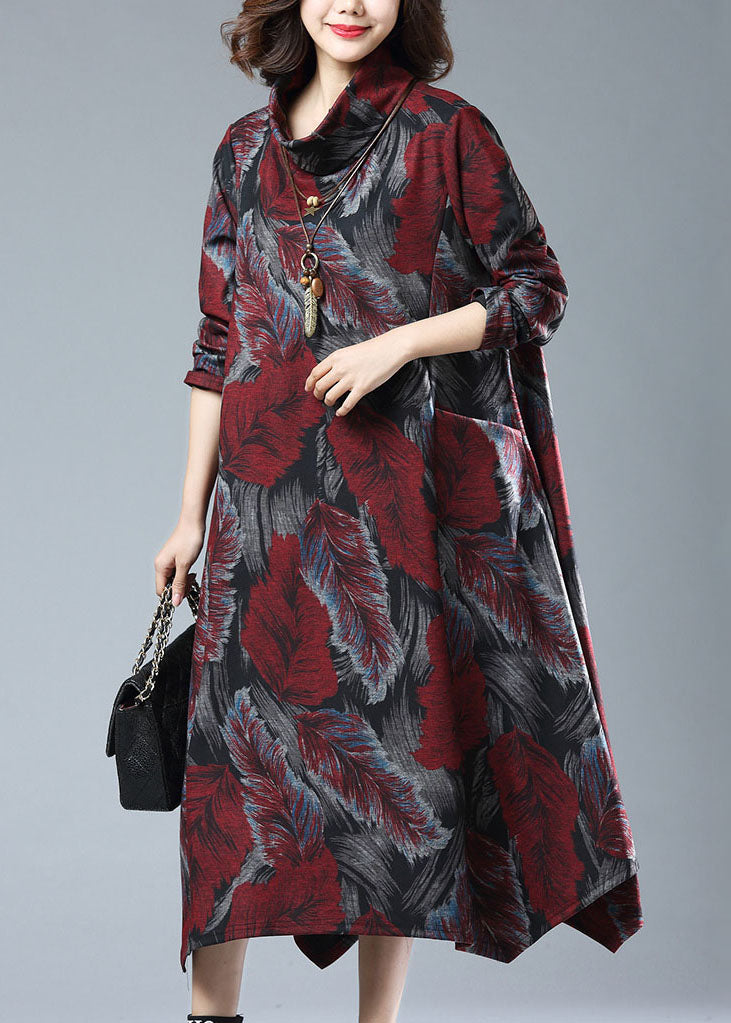 Wine Red Patchwork Cotton Dress Turtleneck Print Pockets Long Sleeve