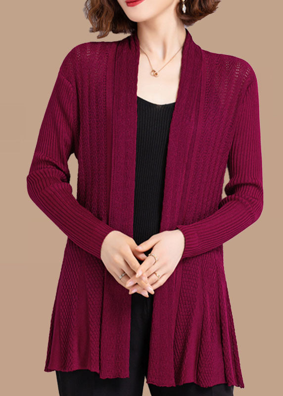 Wine Red Patchwork Knit Cardigans Hollow Out Wrinkled Fall