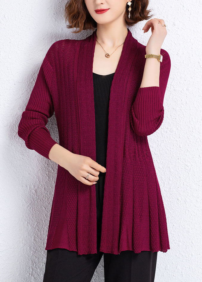 Wine Red Patchwork Knit Cardigans Hollow Out Wrinkled Fall