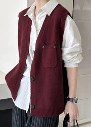 Wine Red Pockets Cozy Knit Waistcoat V Neck Fall