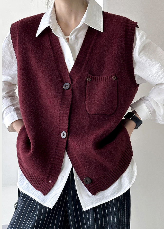 Wine Red Pockets Cozy Knit Waistcoat V Neck Fall