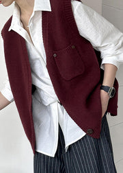 Wine Red Pockets Cozy Knit Waistcoat V Neck Fall