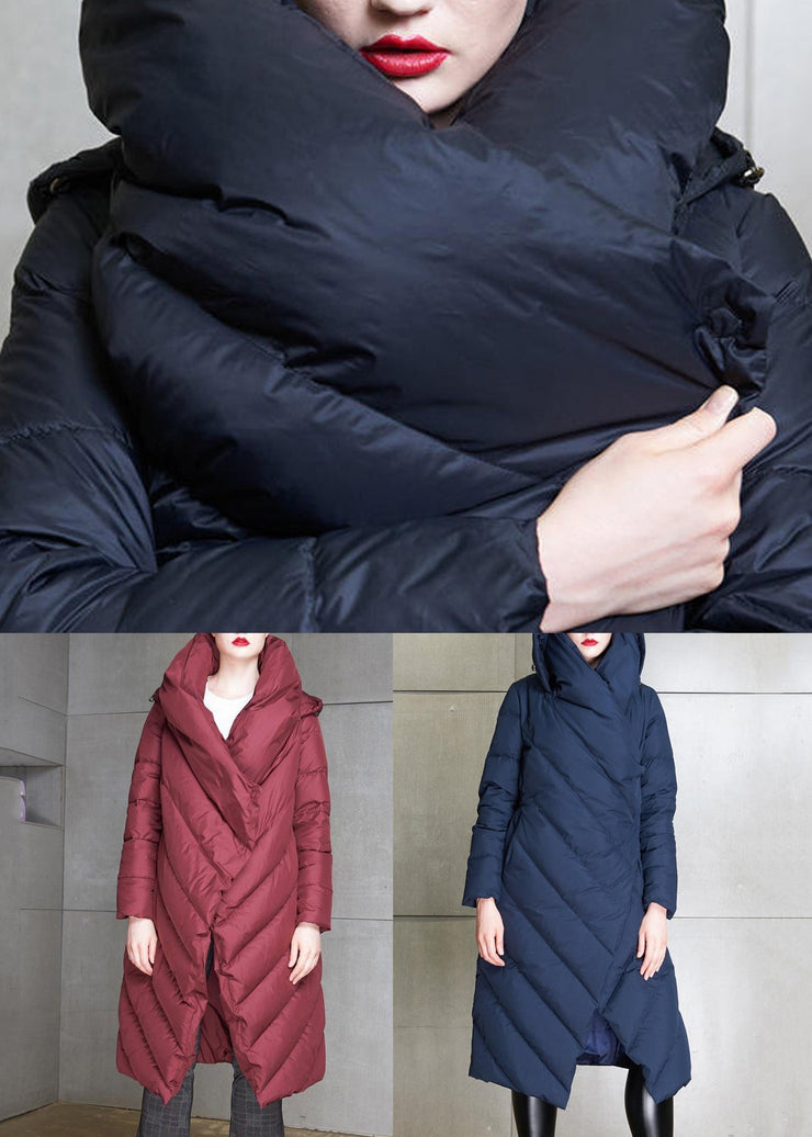 Wine Red Pockets Duck Down Coat Hooded Long Sleeve