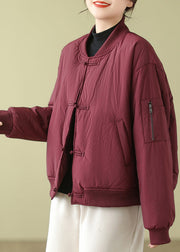 Wine Red Pockets Patchwork Cotton Filled Parka Stand Collar Winter