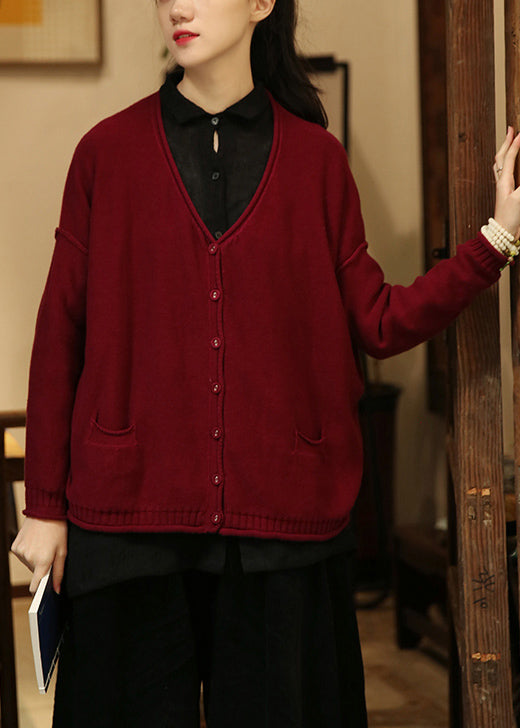 Wine Red Pockets Patchwork Knit Cardigans V Neck Long Sleeve