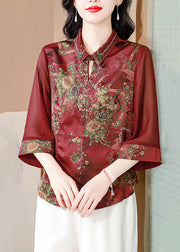 Wine Red Print Silk Blouses Peter Pan Collar Summer