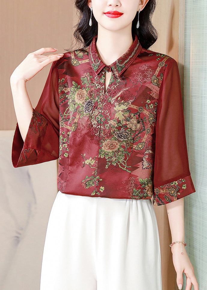 Wine Red Print Silk Blouses Peter Pan Collar Summer