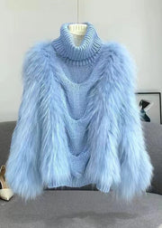 Winter New Blue Raccoon Wool Patchwork Knitted High Collar Sweater