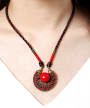 Women Alloy Gem Stone Hand Knitting Pendant Necklace