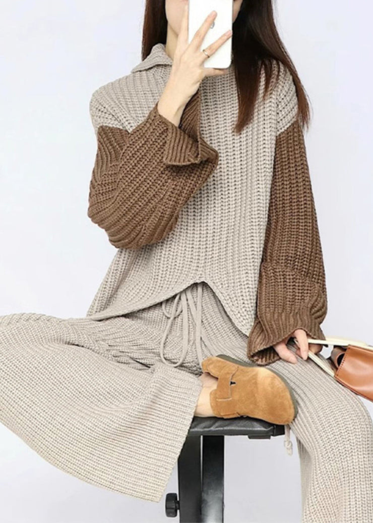 Women Apricot Asymmetrical Elastic Waist Patchwork Knit Two Piece Set Fall