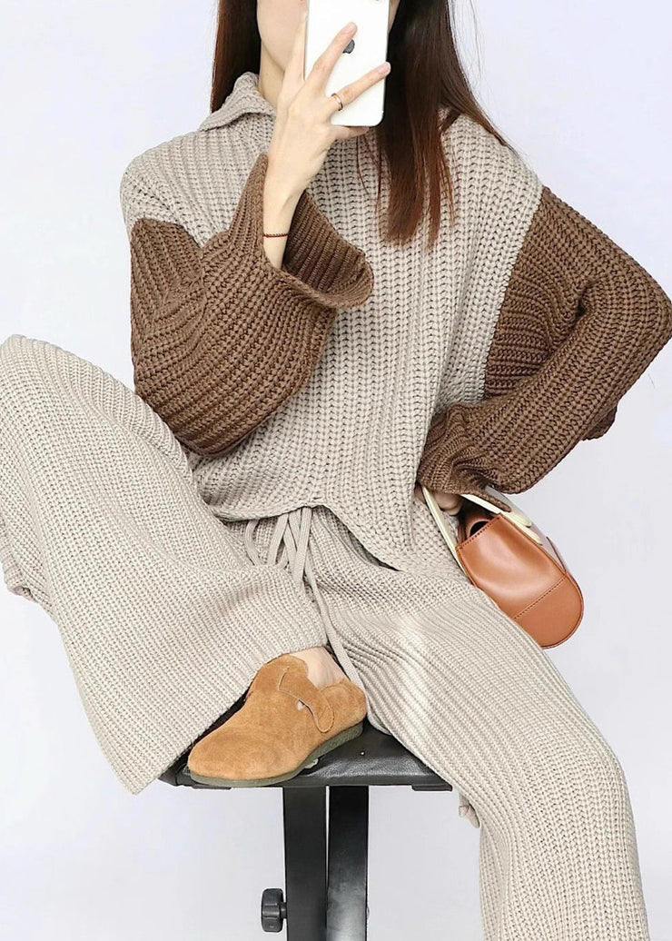 Women Apricot Asymmetrical Elastic Waist Patchwork Knit Two Piece Set Fall