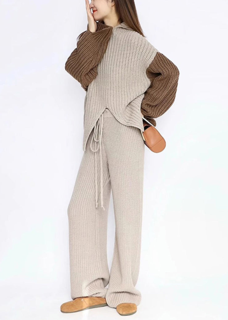 Women Apricot Asymmetrical Elastic Waist Patchwork Knit Two Piece Set Fall