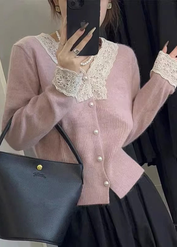 Women Apricot Button Lace Patchwork Cotton Knit Coats Fall