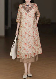 Women Apricot Embroideried Print Patchwork Linen Dresses Half Sleeve