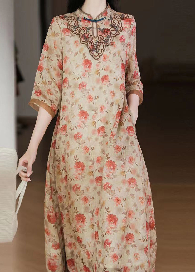 Women Apricot Embroideried Print Patchwork Linen Dresses Half Sleeve