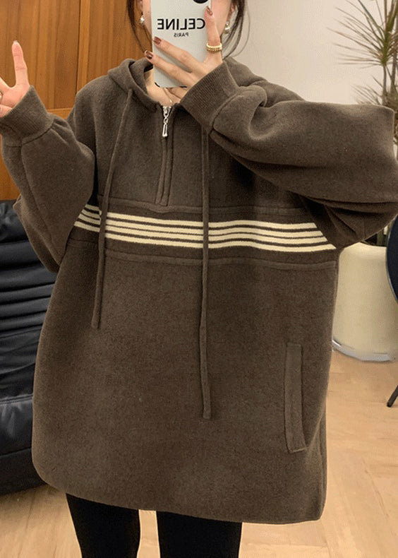 Women Apricot Hooded Zippered Pockets Sweatshirt Fall