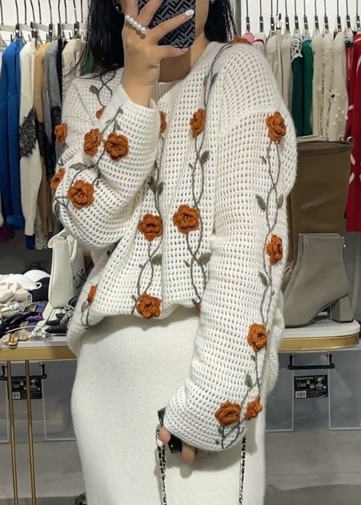 Women Apricot O Neck Floral Knit Sweaters Fall