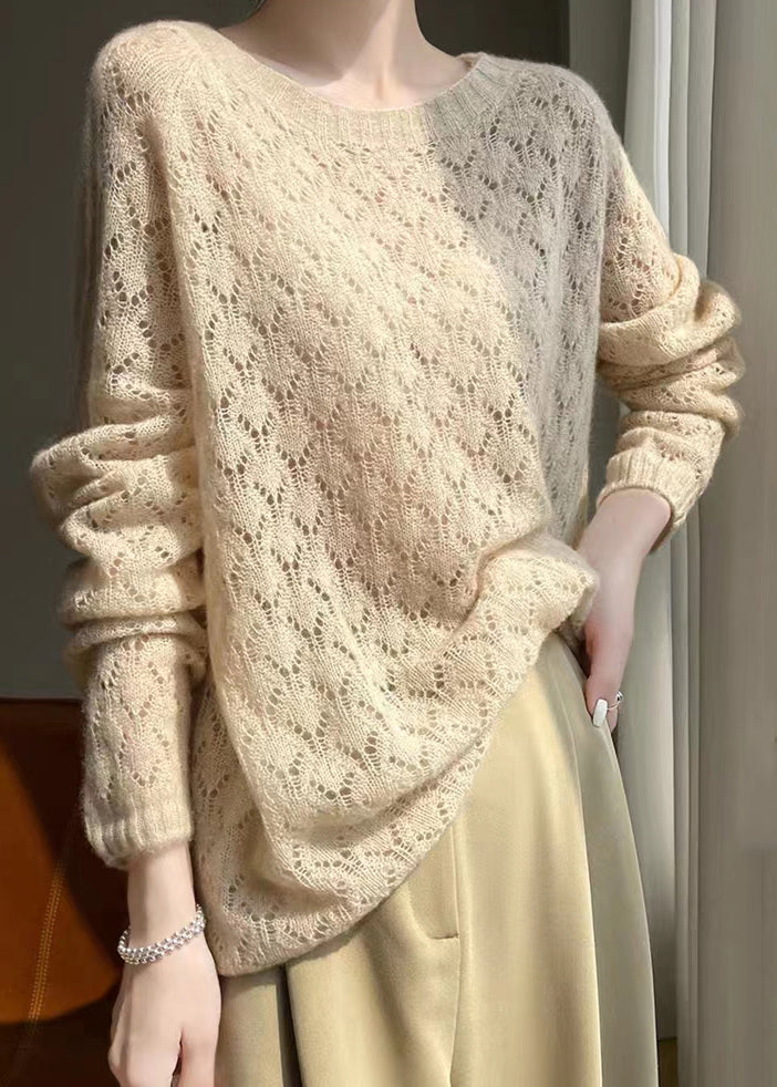 Women Apricot O Neck Hollow Out Patchwork Knit Top Fall