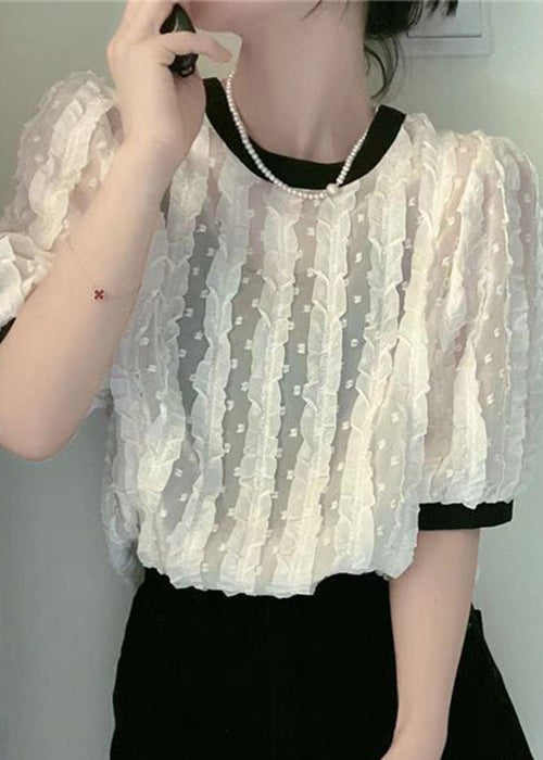 Women Apricot O-Neck Ruffled Patchwork Chiffon Shirt Summer