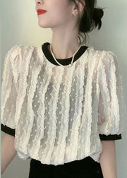 Women Apricot O-Neck Ruffled Patchwork Chiffon Shirt Summer