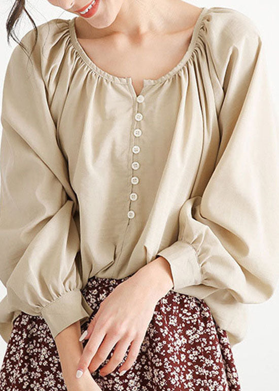 Women Apricot O Neck Wrinkled Button Cotton Blouse Top Lantern Sleeve