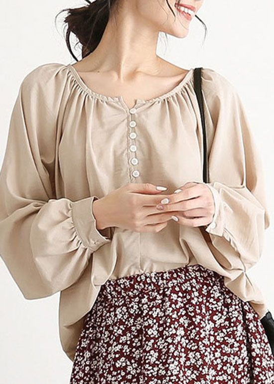 Women Apricot O Neck Wrinkled Button Cotton Blouse Top Lantern Sleeve