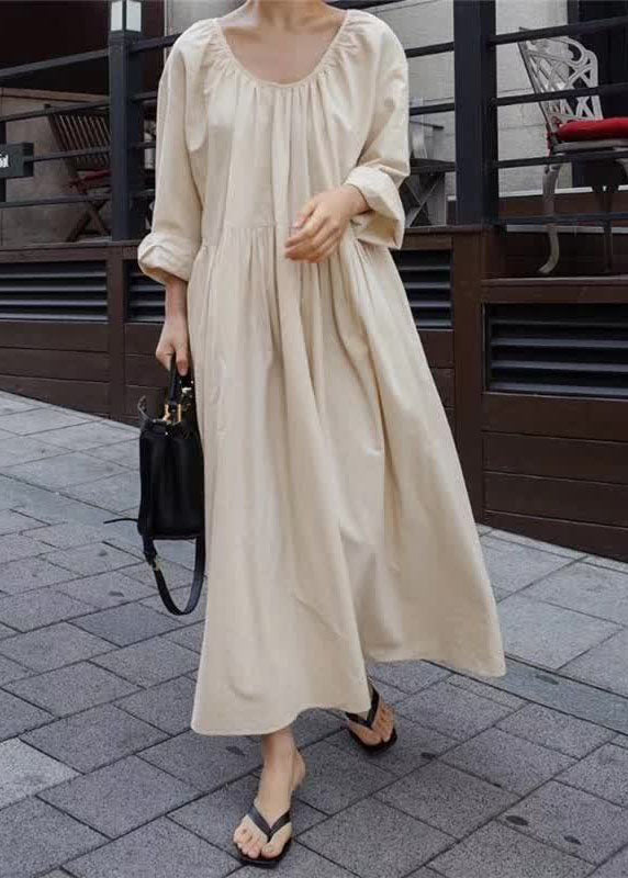 Women Apricot O Neck Wrinkled Patchwork Cotton Dresses Spring