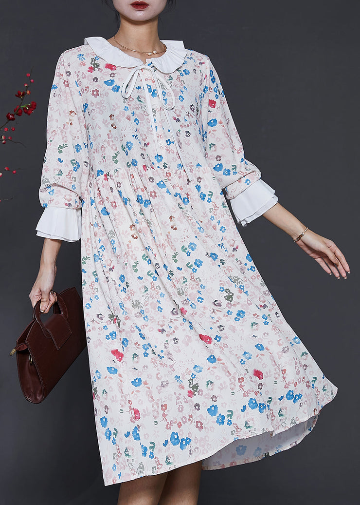 Women Apricot Peter Pan Collar Print Cotton Dresses Spring