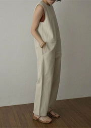 Women Apricot Pockets Patchwork Cotton Wide Leg Jumpsuits Sleeveless