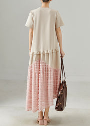 Women Apricot Ruffled Patchwork Cotton Maxi Dress Summer