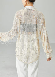 Women Apricot Sequins Tassel Tulle UPF 50+ Shirt Top Summer