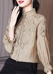 Women Apricot Stand Collar Embroideried Patchwork Cotton Top Spring