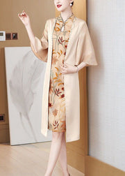 Women Apricot Stand Collar Zircon Silk Bodycon Dress Butterfly Sleeve