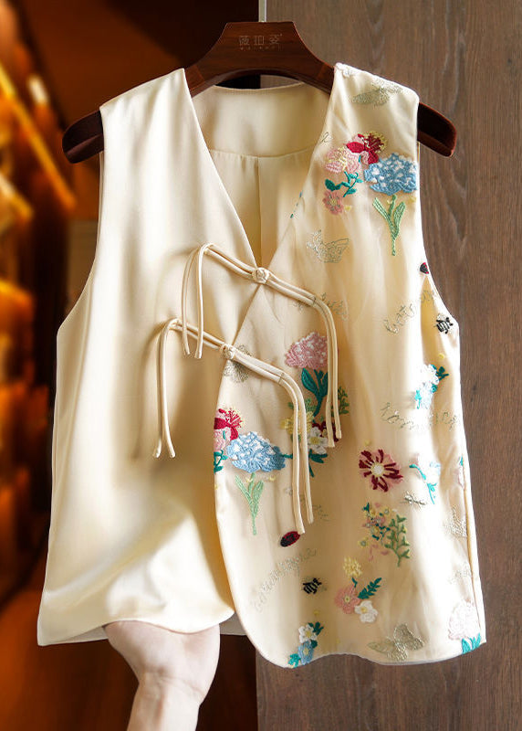 Women Apricot V Neck Embroideried Floral Button Patchwork Tulle Waistcoat Sleeveless