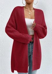 Women Apricot V Neck Loose Mid Knit Cardigan Fall