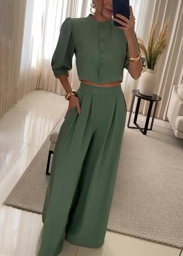 Women Army Green Button Pockets Cotton Two Piece Set Half Sleeve